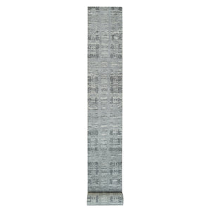 2'7"x25'6" Ash Gray, Hand Spun Undyed Natural Wool, Hand Knotted, Modern Design, XL Runner Oriental Rug FWR395736