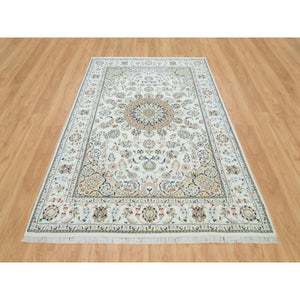 6'1"x9'1" Powder White, Hand Knotted, Nain with Center Medallion Flower Design, 250 KPSI, Natural Wool, Oriental Rug FWR395802