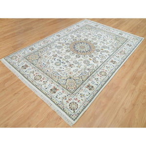 6'1"x9'1" Powder White, Hand Knotted, Nain with Center Medallion Flower Design, 250 KPSI, Natural Wool, Oriental Rug FWR395802