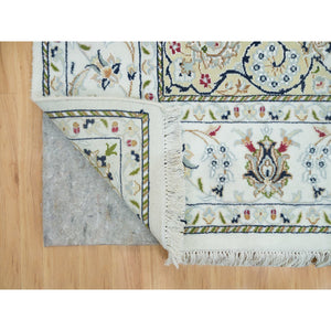 6'1"x9'1" Powder White, Hand Knotted, Nain with Center Medallion Flower Design, 250 KPSI, Natural Wool, Oriental Rug FWR395802