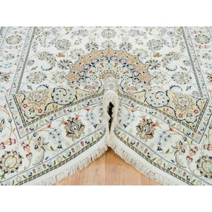 6'1"x9'1" Powder White, Hand Knotted, Nain with Center Medallion Flower Design, 250 KPSI, Natural Wool, Oriental Rug FWR395802