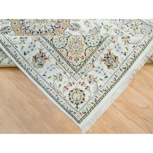 6'1"x9'1" Powder White, Hand Knotted, Nain with Center Medallion Flower Design, 250 KPSI, Natural Wool, Oriental Rug FWR395802