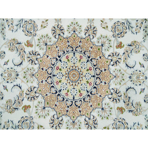 6'1"x9'1" Powder White, Hand Knotted, Nain with Center Medallion Flower Design, 250 KPSI, Natural Wool, Oriental Rug FWR395802
