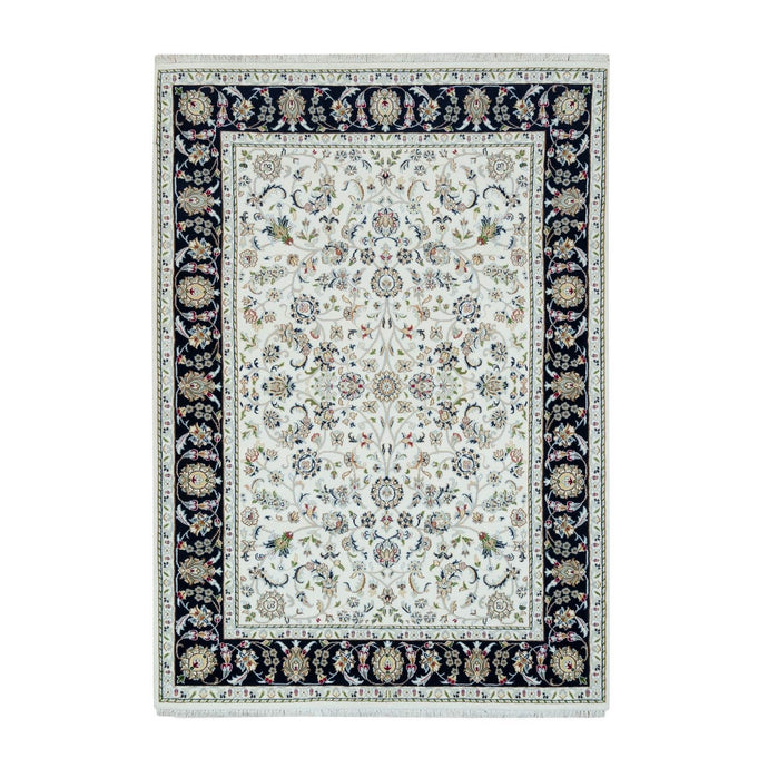 5'x7' Powder White, Nain with All Over Flower Design, 250 KPSI, Soft Wool, Hand Knotted, Oriental Rug FWR395832