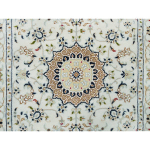 2'8"x4'1" Powder White, 250 KPSI, Extra Soft Wool, Hand Knotted, Nain with Center Medallion Flower Design, Oriental Rug FWR395856