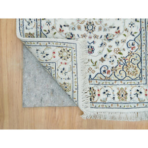 2'8"x8'4" Powder White, Natural Wool, Hand Knotted, Nain with Center Medallion Flower Design, 250 KPSI, Runner Oriental Rug FWR395910