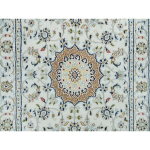 2'8"x8'4" Powder White, Natural Wool, Hand Knotted, Nain with Center Medallion Flower Design, 250 KPSI, Runner Oriental Rug FWR395910