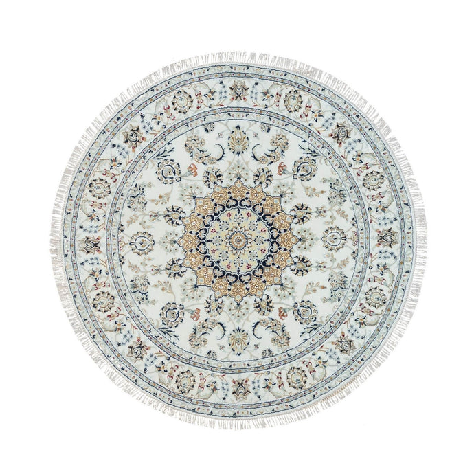 6'x6' Powder White, Nain with Center Medallion Flower Design, 250 KPSI, Organic Wool, Hand Knotted, Round Oriental Rug FWR395952