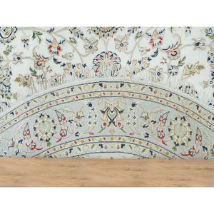 6'1"x6'1" Powder White, 100% Wool, Hand Knotted, Nain with All Over Flower Design, 250 KPSI, Round Oriental Rug FWR395970