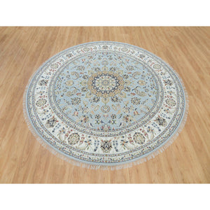 7'10"x7'10" Beau Blue, Organic Wool, Hand Knotted, Nain with Center Medallion Flower Design, 250 KPSI, Round Oriental Rug FWR395988