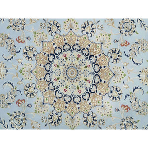 7'10"x7'10" Beau Blue, Organic Wool, Hand Knotted, Nain with Center Medallion Flower Design, 250 KPSI, Round Oriental Rug FWR395988