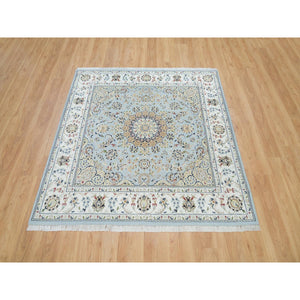6'1"x6'1" Beau Blue, Hand Knotted, Nain with Center Medallion Flower Design, 250 KPSI, Pure Wool, Square Oriental Rug FWR395994