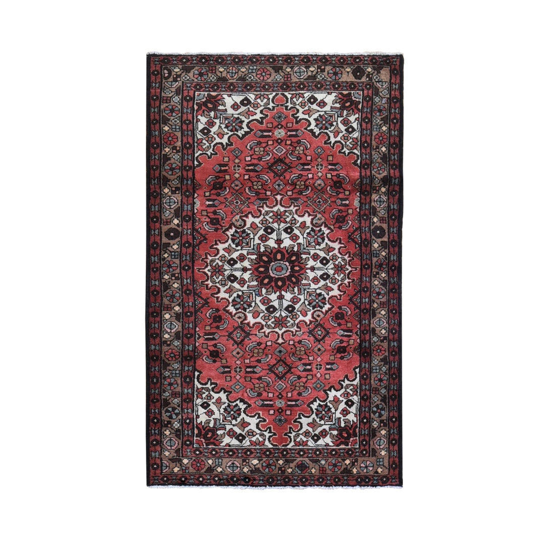 4'x7' Red Vintage Persian Hamadan with Flower Design Full Pile Clean Hand Knotted Pure Wool Oriental Rug FWR396174