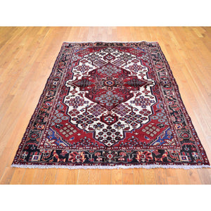 5'1"x7'2" Vintage Persian Hamadan Ivory with Flower Bouquet Design Pure Wool Hand Knotted Oriental Rug FWR396192