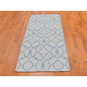 2'8"x7'10" Light Blue Reversible Kilim Pure Wool Flat Weave Hand Woven Runner Oriental Rug FWR396564