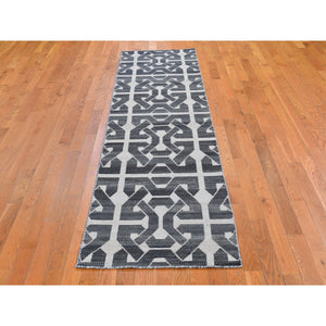 2'7"x10' Geometric Pattern Flat Weave Pure Wool Reversible Kilim Runner Gray Hand Woven Oriental Rug FWR396588