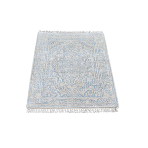2'1"x3'1" Ivory Wash Out Wool and Pure Silk Persian Heriz Design Hand Knotted Oriental Rug FWR396888