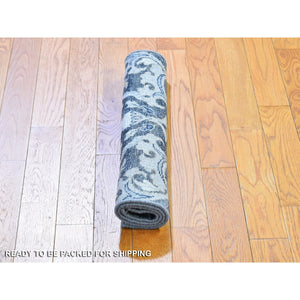 2'x3'1" Blue Blossom Design Pure Silk with Textured Wool Hand Knotted Mat Oriental Rug FWR396966