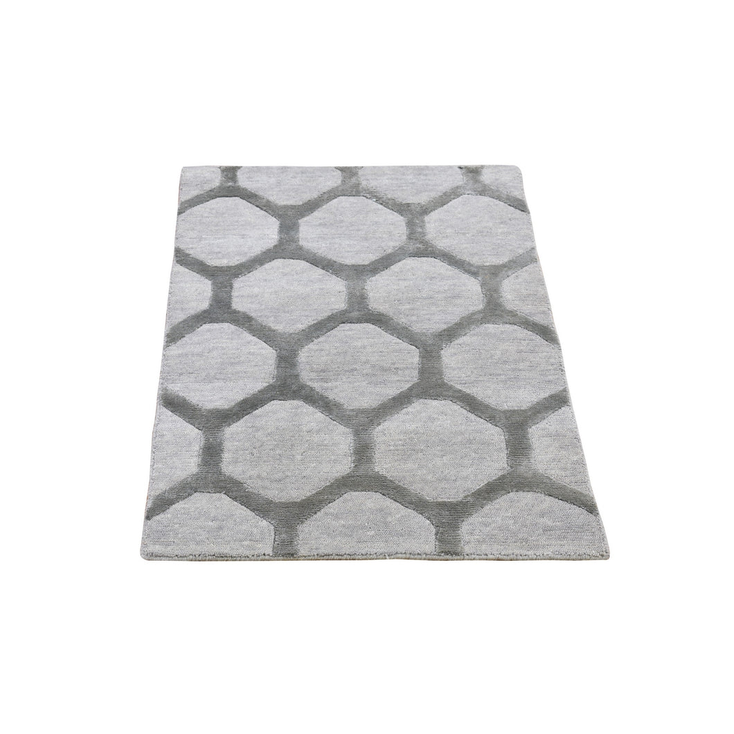 2'x3' Light Gray Hi-Low Modern Wool and Silk Mat Hand Knotted Oriental Rug FWR396984