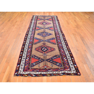 3'9"x12'2" Brown Antique North West Persian with Camel Hair Wide Runner Full Pile Geometric Medallions Hand Knotted Natural Wool Clean Oriental Rug FWR397110