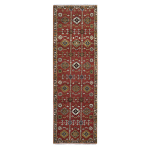3'2"x10' 100% Wool Repetitive Geometric All Over Design Red Hand Knotted Wide Runner Oriental Rug FWR397140