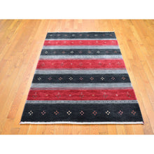 Load image into Gallery viewer, 4&#39;x6&#39;1&quot; Charcoal Black Modern Striped Gabbeh Natural Wool Hand Loomed Oriental Rug FWR397434