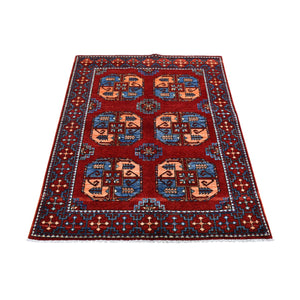 3'4"x4'8" Red 100% Wool Geometric Afghan Ersari with Elephant Feet Design Hand Knotted Oriental Rug FWR397716