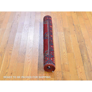 3'4"x4'8" Red 100% Wool Geometric Afghan Ersari with Elephant Feet Design Hand Knotted Oriental Rug FWR397716