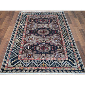 4'1"x5'10" Simple Taupe Armenian Design Kazak Super Dense Weave 100% Wool Hand Knotted Oriental Rug FWR397836