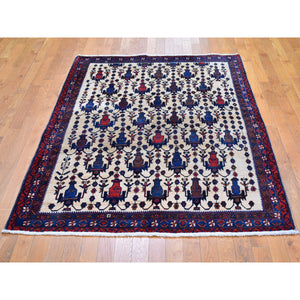4'10"x7' Ivory Vintage North West Persian All Over Geometric Vase Design Pure Wool Hand Knotted Oriental Rug FWR397890