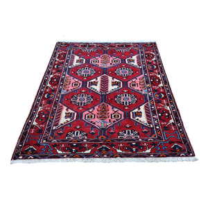 4'4"x6'8" Red New Persian Hamadan Natural Wool Ethnic Design Hand Knotted with Vivid Colors Oriental Rug FWR398034