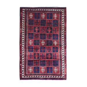 5'8"x8'6" Box Design Vintage Persian Hamadan Red Natural Wool Hand Knotted Oriental Rug FWR398046