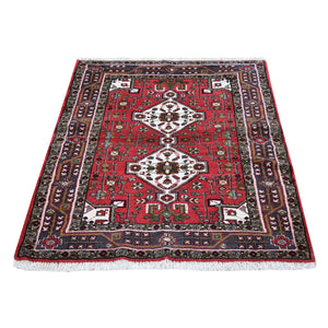 3'4"x4'9" Red Vintage Persian Hamadan Geometric Design Pure Wool Hand Knotted Oriental Rug FWR398064