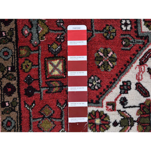 3'4"x4'9" Red Vintage Persian Hamadan Geometric Design Pure Wool Hand Knotted Oriental Rug FWR398064