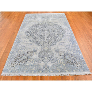 6'x9'2" Ivory Silk with Textured Wool Tree of Life Meditation Design Hand Knotted Oriental Rug FWR398130