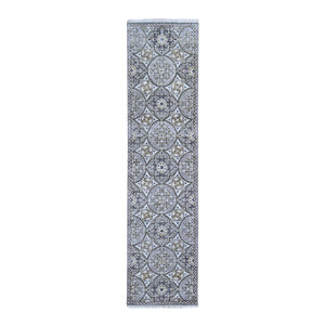 2'6"x10'1" Mughal Inspired Medallions Design Textured Wool and Silk Hand Knotted Brown Runner Oriental Rug FWR398136