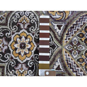 2'6"x12'3" Brown Textured Wool and Silk Mughal Inspired Medallions Design Runner Hand Knotted Oriental Rug FWR398142