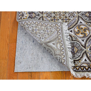 2'6"x12'3" Brown Textured Wool and Silk Mughal Inspired Medallions Design Runner Hand Knotted Oriental Rug FWR398142