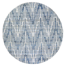Load image into Gallery viewer, 8&#39;1&quot;x8&#39;1&quot; Hand Knotted Blue Pure Silk and Textured Wool Zigzag with Graph Design Round Oriental Rug FWR398268