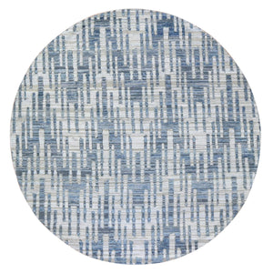 8'1"x8'1" Hand Knotted Blue Pure Silk and Textured Wool Zigzag with Graph Design Round Oriental Rug FWR398268