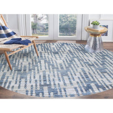 Load image into Gallery viewer, 8&#39;1&quot;x8&#39;1&quot; Hand Knotted Blue Pure Silk and Textured Wool Zigzag with Graph Design Round Oriental Rug FWR398268