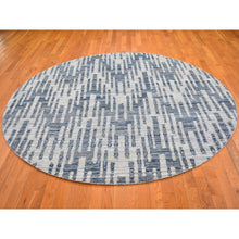 Load image into Gallery viewer, 8&#39;1&quot;x8&#39;1&quot; Hand Knotted Blue Pure Silk and Textured Wool Zigzag with Graph Design Round Oriental Rug FWR398268