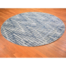 Load image into Gallery viewer, 8&#39;1&quot;x8&#39;1&quot; Hand Knotted Blue Pure Silk and Textured Wool Zigzag with Graph Design Round Oriental Rug FWR398268