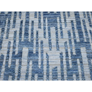 8'1"x8'1" Hand Knotted Blue Pure Silk and Textured Wool Zigzag with Graph Design Round Oriental Rug FWR398268