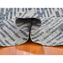 Load image into Gallery viewer, 8&#39;1&quot;x8&#39;1&quot; Hand Knotted Blue Pure Silk and Textured Wool Zigzag with Graph Design Round Oriental Rug FWR398268