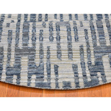 Load image into Gallery viewer, 8&#39;1&quot;x8&#39;1&quot; Hand Knotted Blue Pure Silk and Textured Wool Zigzag with Graph Design Round Oriental Rug FWR398268