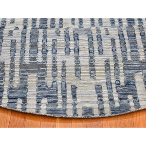 8'1"x8'1" Hand Knotted Blue Pure Silk and Textured Wool Zigzag with Graph Design Round Oriental Rug FWR398268