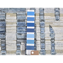 Load image into Gallery viewer, 8&#39;1&quot;x8&#39;1&quot; Hand Knotted Blue Pure Silk and Textured Wool Zigzag with Graph Design Round Oriental Rug FWR398268