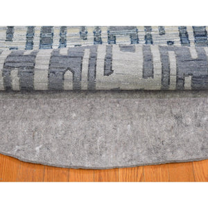8'1"x8'1" Hand Knotted Blue Pure Silk and Textured Wool Zigzag with Graph Design Round Oriental Rug FWR398268