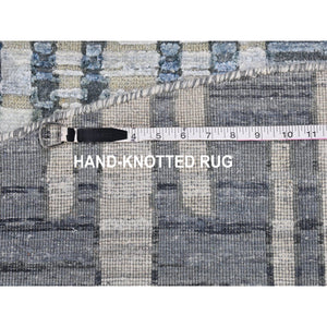 8'1"x8'1" Hand Knotted Blue Pure Silk and Textured Wool Zigzag with Graph Design Round Oriental Rug FWR398268